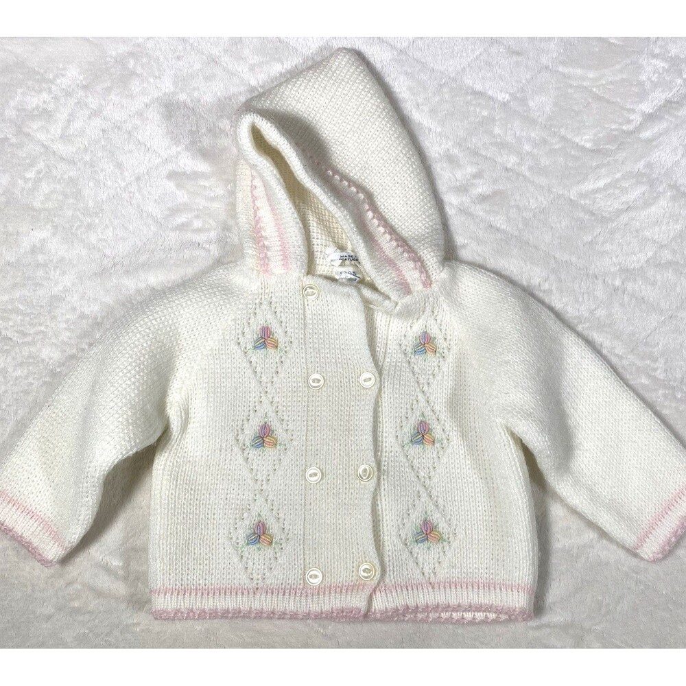 Vintage Baby Girl 3 Month Cardigan Sweater Hooded White Pink Trim Argyle